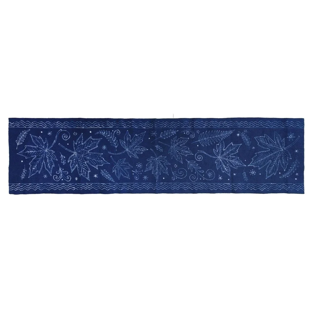 Handmade Indigo Batik Maple Leaf Table Runner, Natural Indigo Cotton Tea Mat